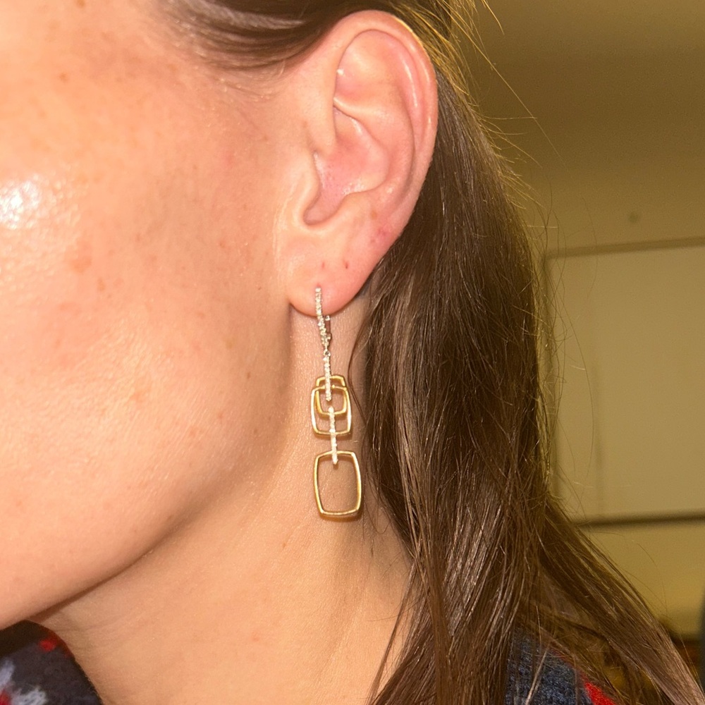 14k Gold and White Gold Double Square Diamond Drop Earrings - Women Jewelry - Picture 4 of 5